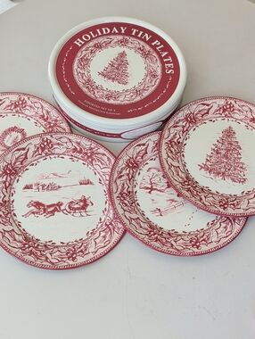 Restoration Hardware Cream Red Victorian Style 4 Tin Plates W/ Container Holiday
